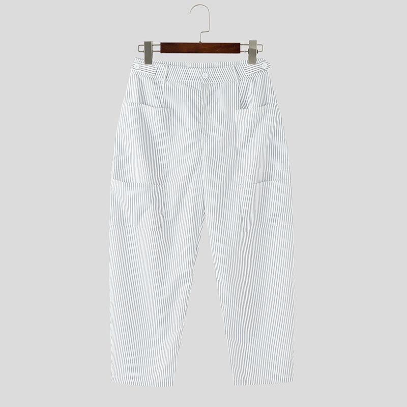

INCERUN Men Zipper Button Waist Striped Casual Long Baggy Pants with Pockets 4XL