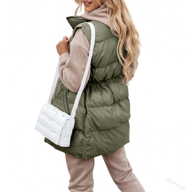 Womens Mid-Length Solid Color Drawstring Loose Cotton Vest With Zipper Pockets Outdoor Camping Hiking