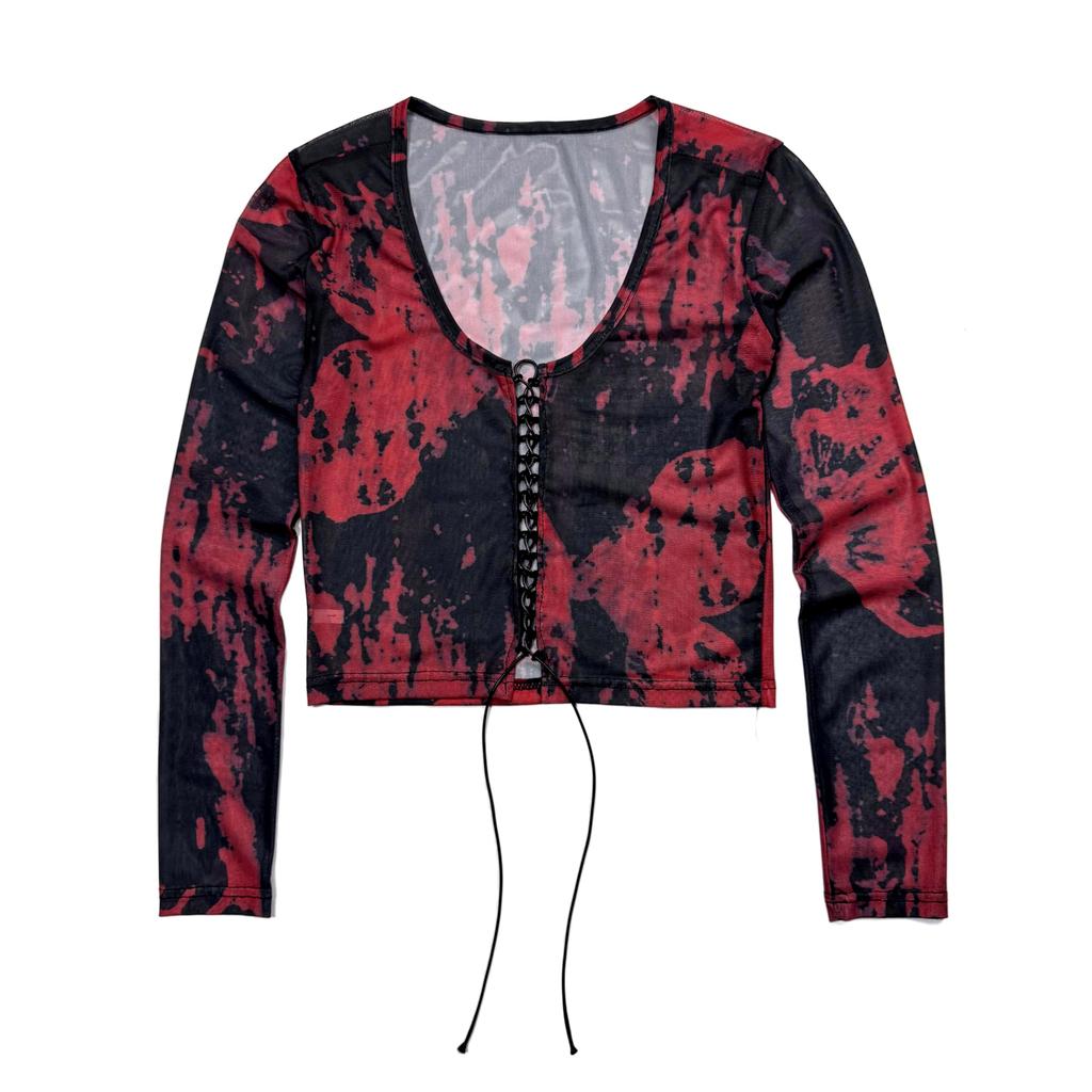 Short Sheer Dark Fairy [NAMEOF] Lace-up Top, Core, Grunge, Y2K, Women's, See-through, Red, Sexy, Cut-and-Sew