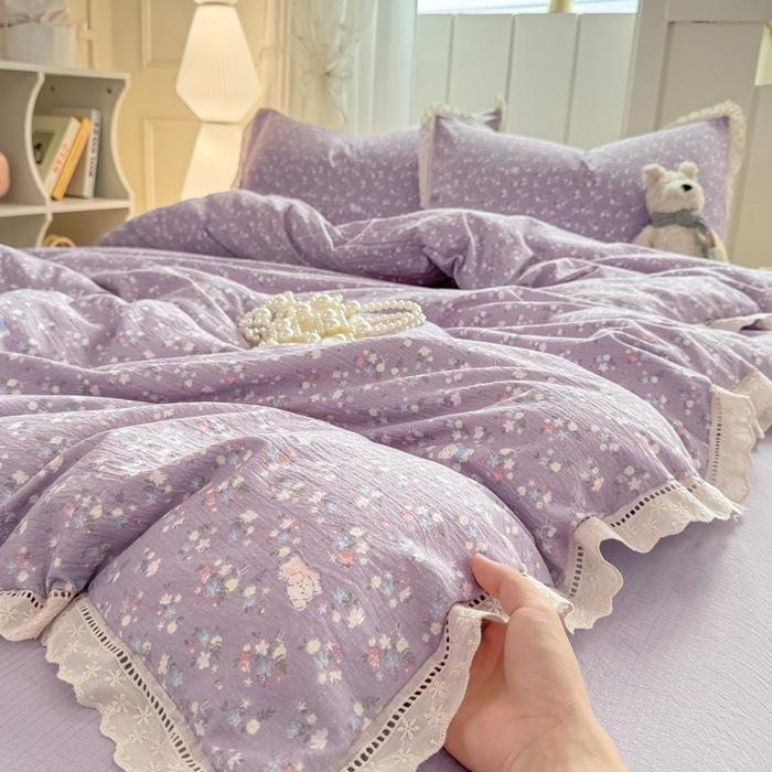 

новый комплект из четырех предметов из мятого хлопка с полым кружевом, бытовой, студенческое общежитие, комплект из трех предметов, простыня, пододеяльник 1.2m sheet 3pcs