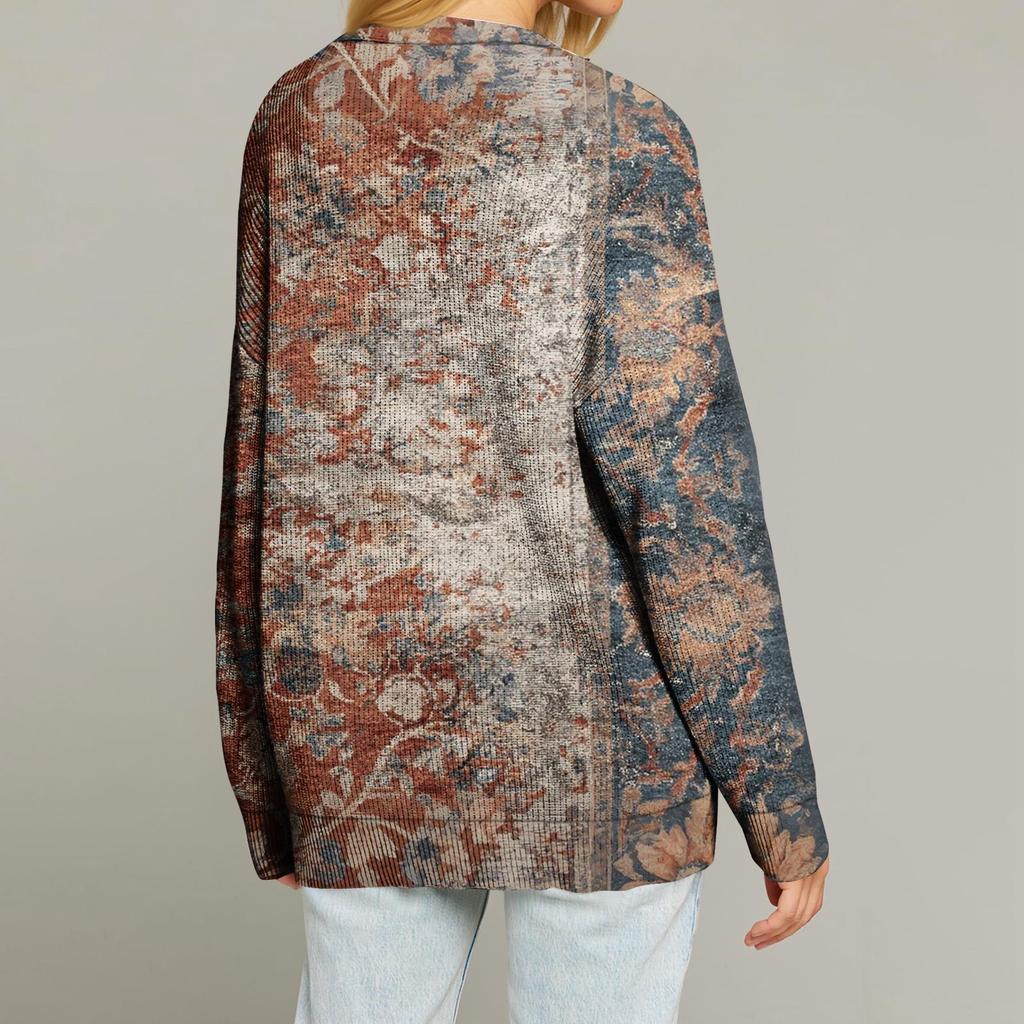 Women's Fashion Long Sleeve Print V-Neck Button Loose Cardigan Top