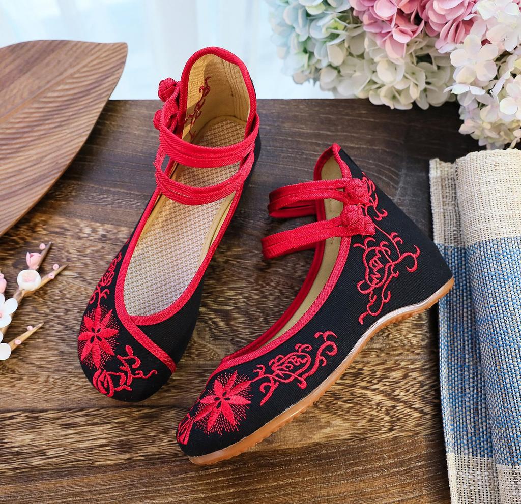 2025 Embroidered Women Canvas Ballet Flats Ankle Strap Ladies Casual Cotton Chinese Embroidery Ballerina Shoes