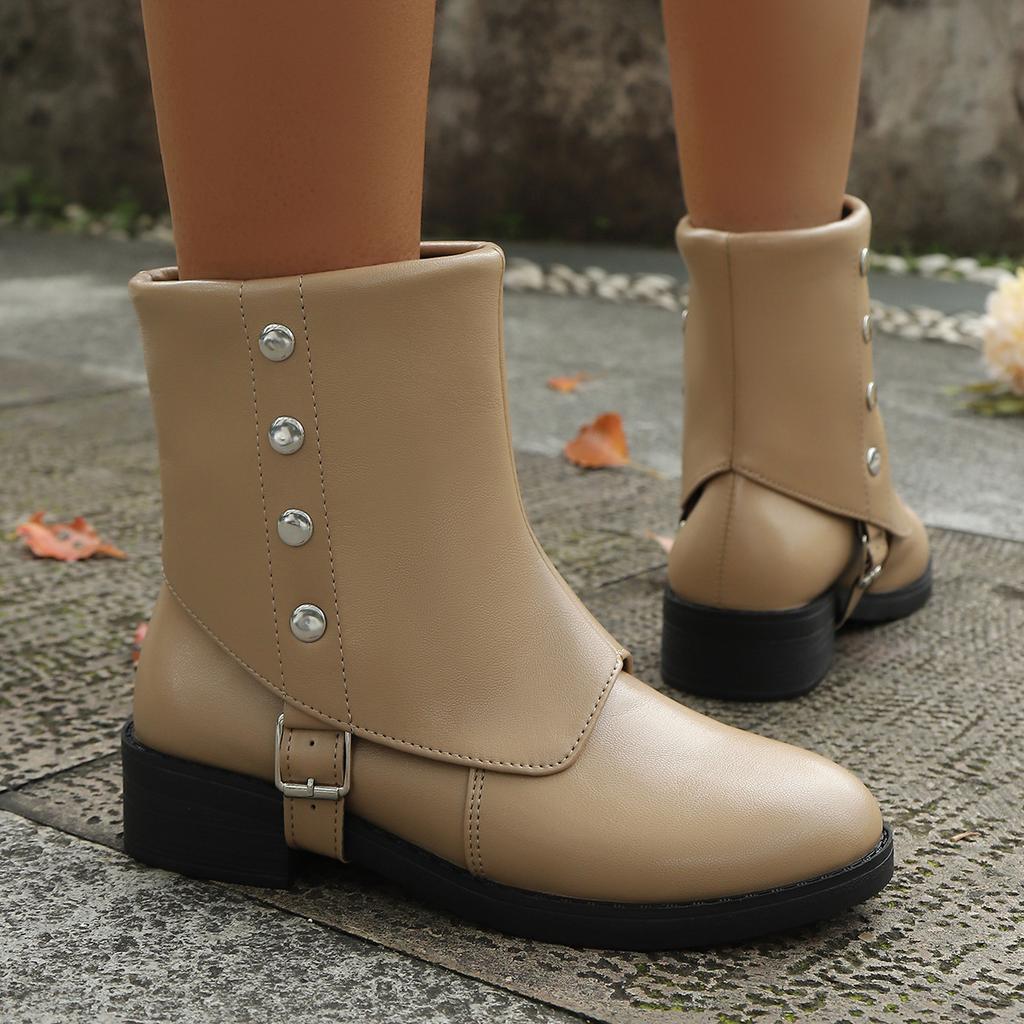 Fashion Fashion Autumn Rivet Riding Boots Plus Size Women Ankle Boots Belt Buckle Low Heel Slip-on Bootie British Outdoor Ladies Shoes