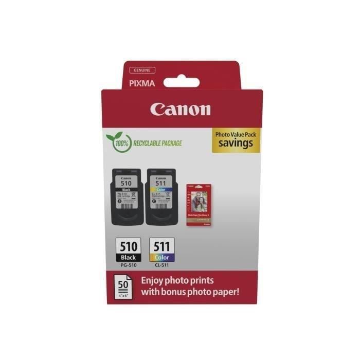 Pack de 2 cartouches d'encre + pack papiers photo - CANON - PG-510 Noir + CL-511 Couleur