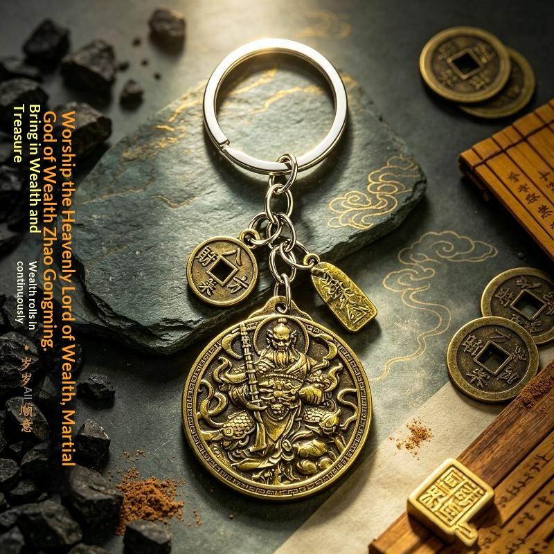 Vintage Brass Zhao Gongming Lucky Pendant Keychain Fortune Blessing Design For Car Key Bag Decoration Good Luck Gift