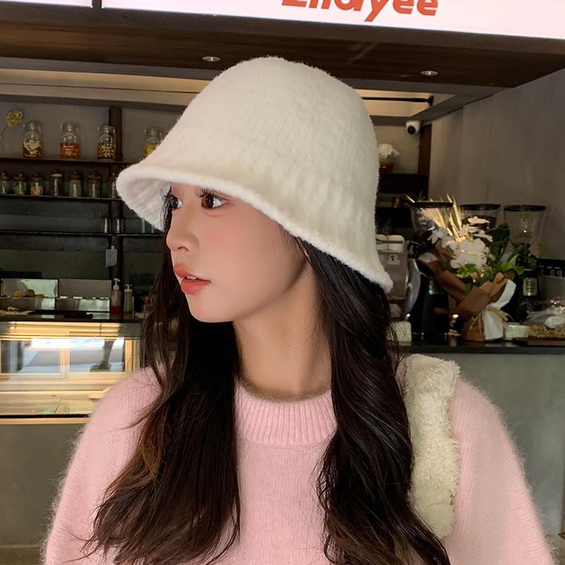 Simple Solid Color Water Bucket Hat For Women Warm Knitted Cap Breathable Gift