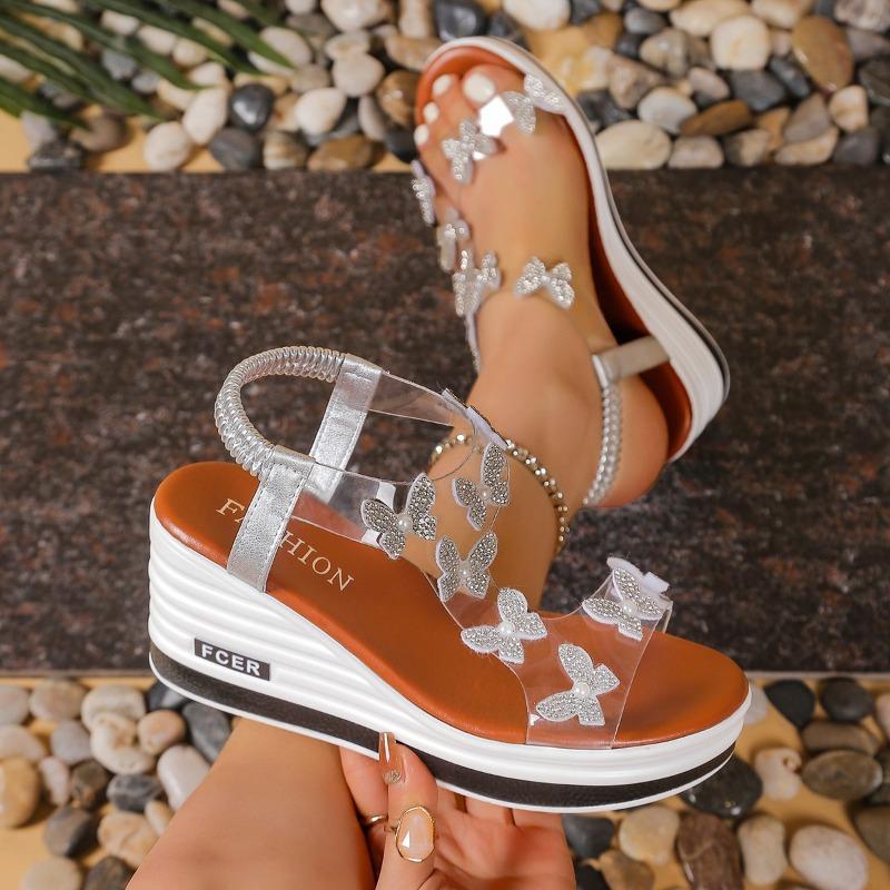 Women's Spring Rhinestone Platform Wedge Beach Sandals, Fairy Style Versatile Outdoor Footwear.