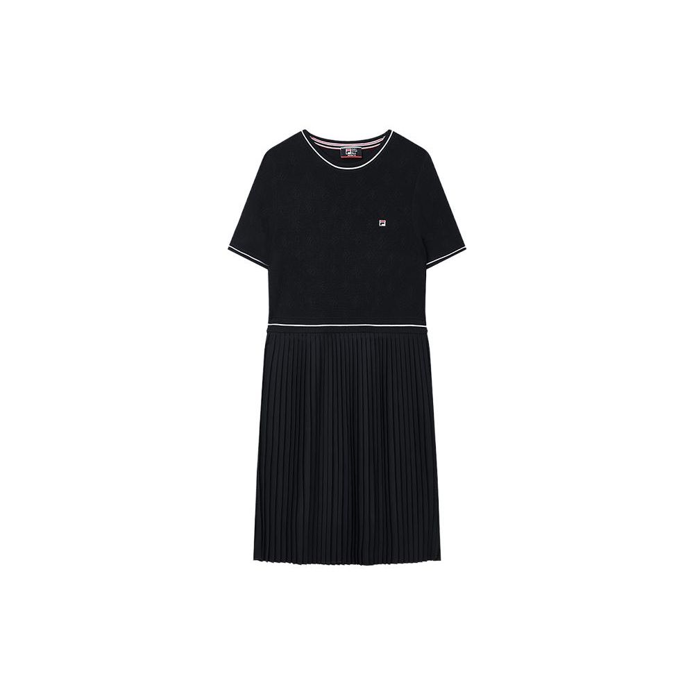 Fila Logo Print Elegant Woven Pleated Spliced Mid-Length Sleeve Pullover Dress Women dresses Legendary-Blue F11W321302F-NV
