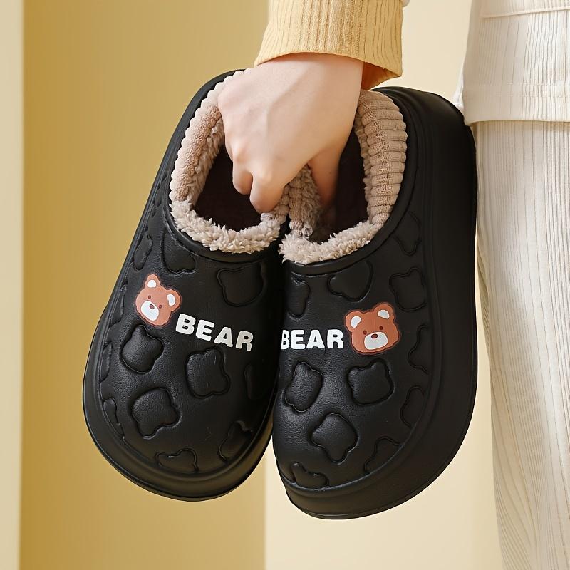 Mit Plüsch gefütterte Hausschuhe mit Cartoon-Bär für Damen, wasserdichte Hausschuhe, modische Hausschuhe für drinnen und draußen mit weicher EVA-Sohle