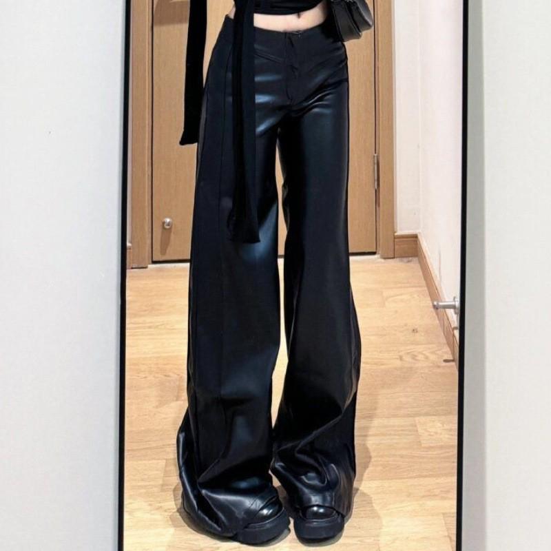Plus Size High Waist PU Leather Flare Pants for Women - Autumn Relaxed Fit, Slimming Drape, Long Wide-Leg Style.