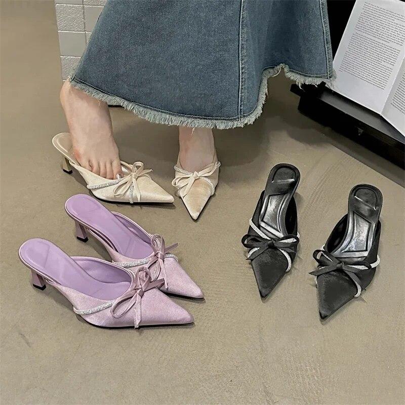 Eilyken Butterfly-knot Woman Slippers Pumps Design Style Low Heels Ladies Pointed Toe Shoes Mules Crystal Slides