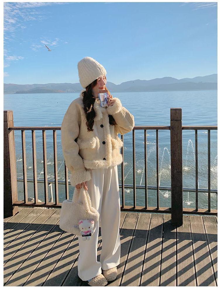 Korean Style Yellow Fur Coat: Women's Soft Petite Leather & Fur Cotton Winter Jacket