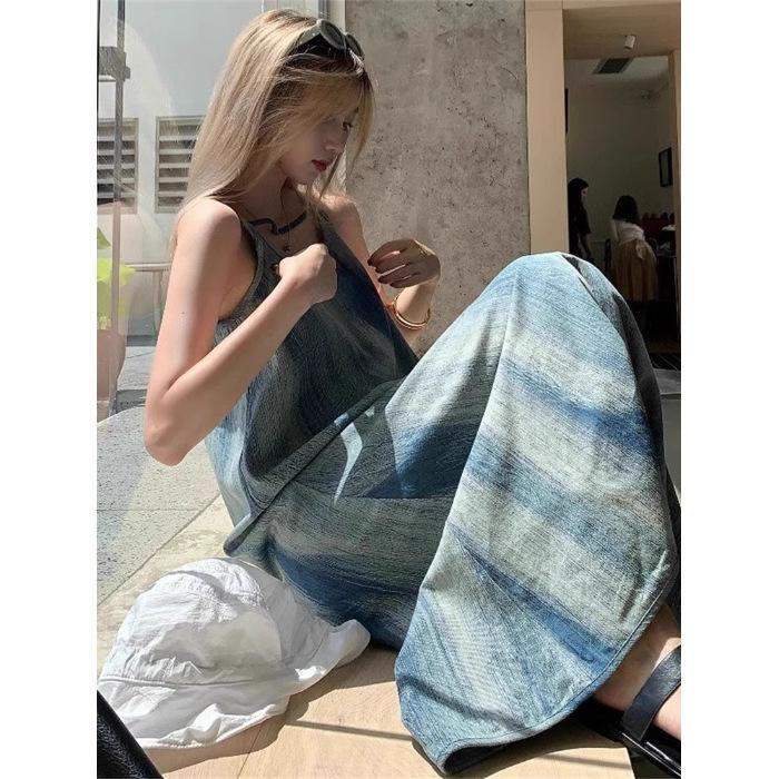 

French smudge suspender dress women s summer new loose lazy niche chic blue long skirt tide XL