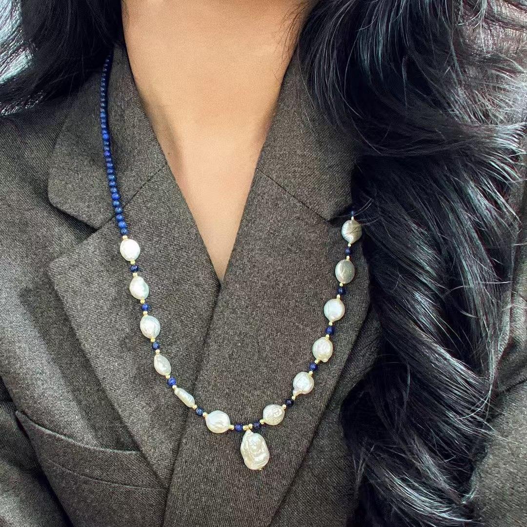 Vintage High Quality Natural Freshwater Baroque Pearl Lapis Lazuli Necklace Collarbone Chain