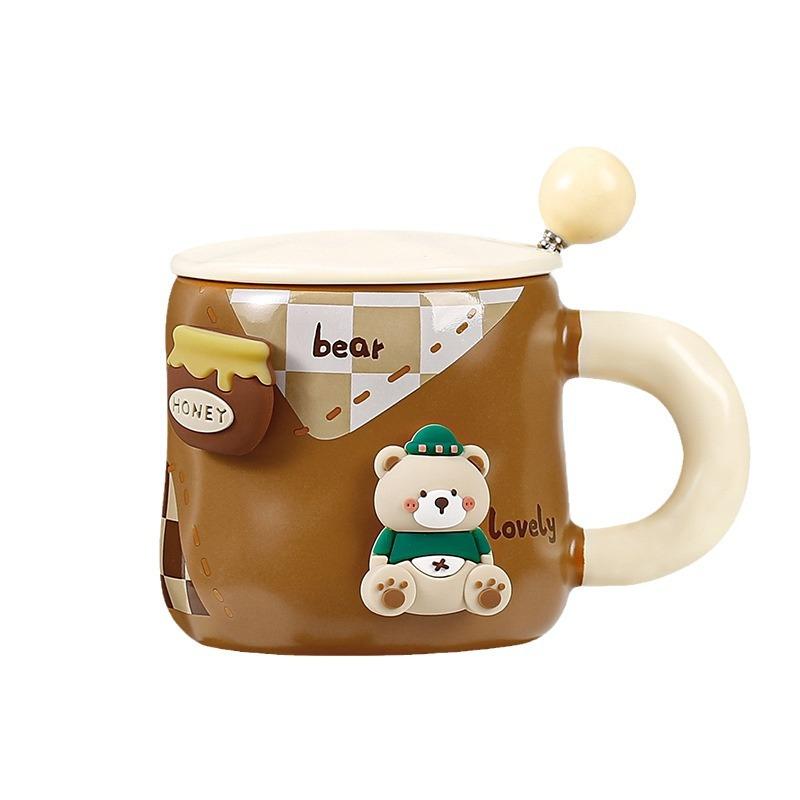 Cute Bear Mug Cartoon Spoon with Lid Ceramic Water Cup High Beauty Hand Gift Coffee Mug
