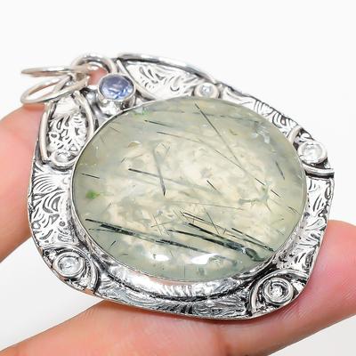 Natural Prehnite, White Topaz Gemstone 925 Sterling Silver Pendant 2.40" p6R00