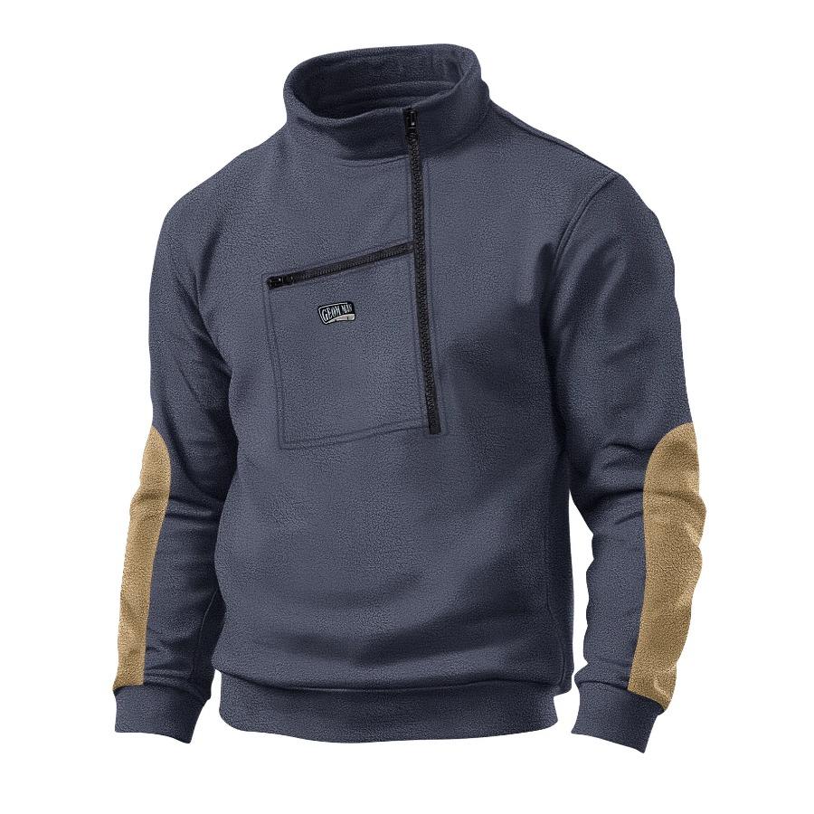 Men's Autumn and Winter Casual Winter Fleece Stand Collar Half Zip Long Sleeve Tactical Pocket Embroidered Hoodie Jumper