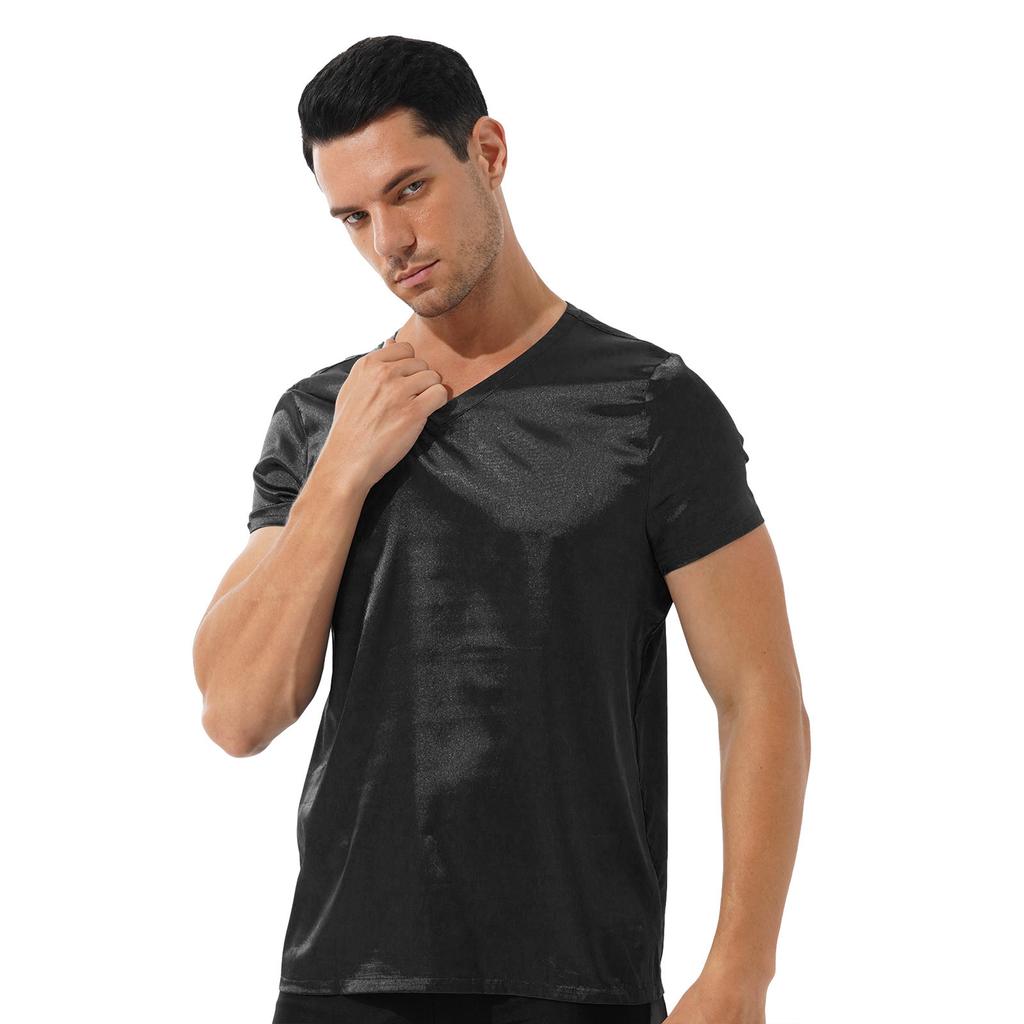 Chemise de nuit pour homme Col en V Manches courtes Satin T-shirt Hauts de pyjama amples Vêtements décontractés