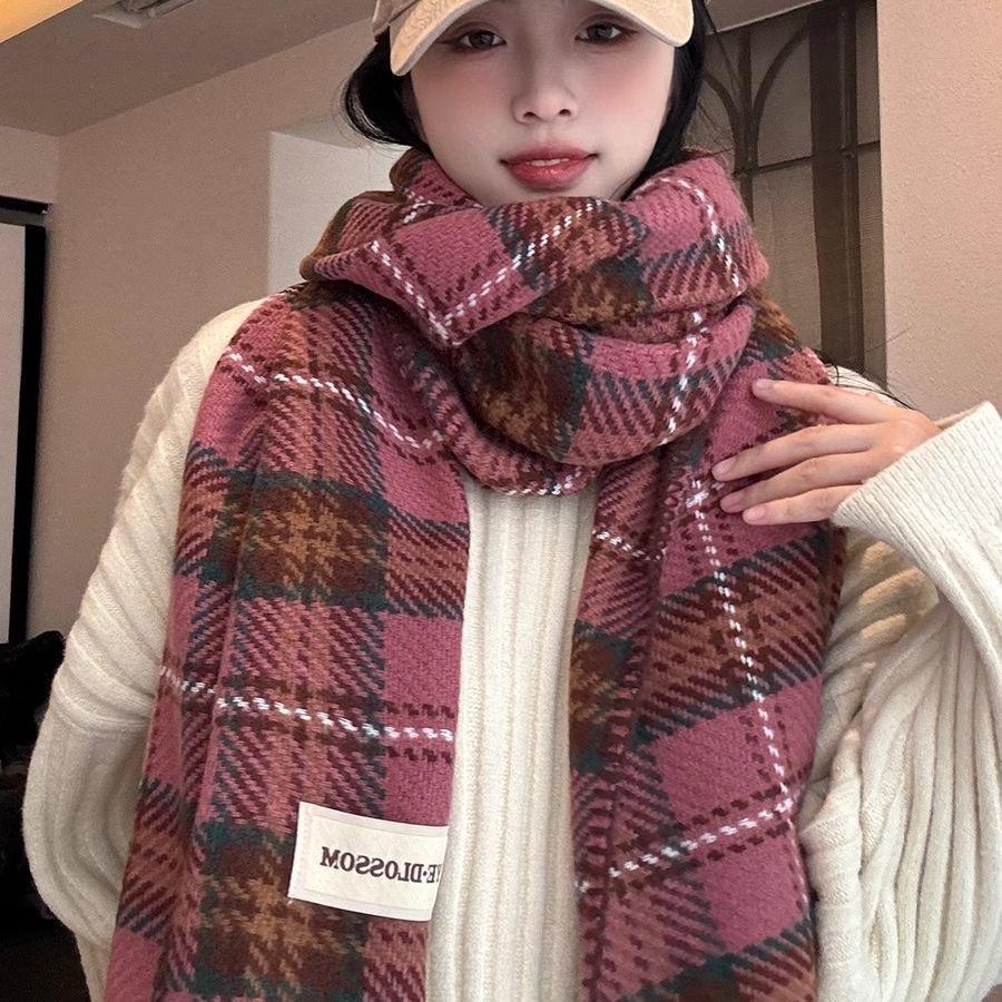 New Red Plaid Retro Lock Imitation Cashmere High End Couple Versatile Autumn and Winter Student Scarf Scarf Female Shawl