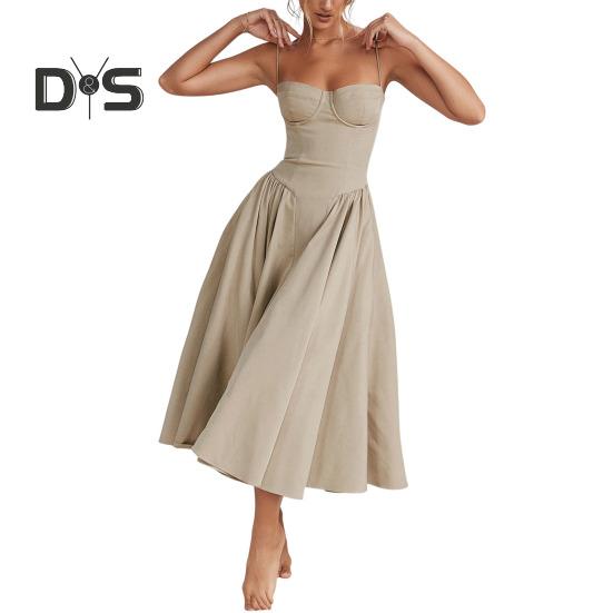 Women Dress Low-cut Spaghetti Strap Backless Sleevless A-line Big Swing Pure Color Slim Waist Pleated Cocktail Party Prom Midi Dress