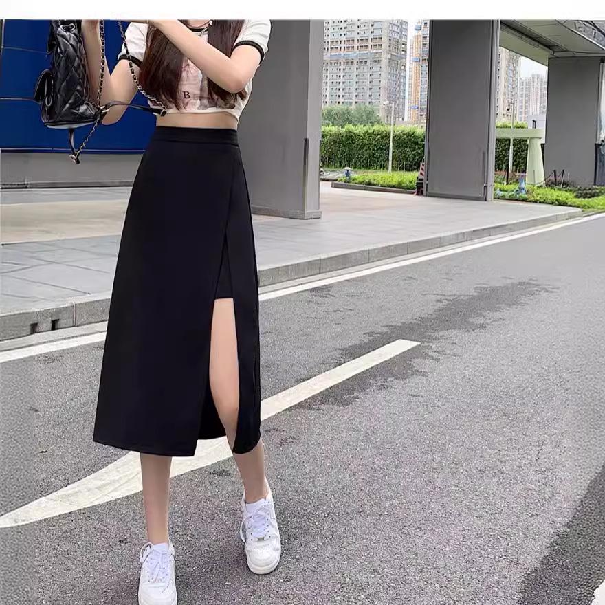 Women's Versatile High-Waist Black Slit Midi Skirt - Slimming Anti-Exposure Bodycon Design