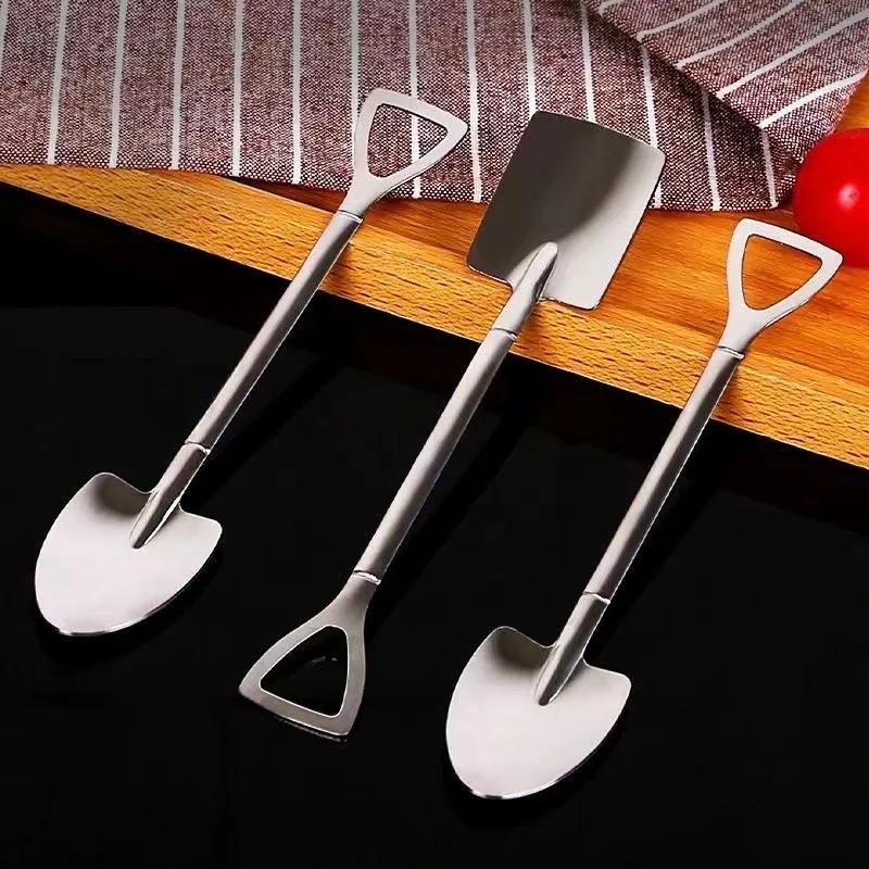 Creative Stainless Steel Shovel Spoon Mini Coffee Teaspoon Fruit Ice Cream Dessert Spoons Kitchen Scoops Tableware Cutlery Set