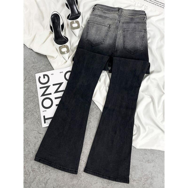 Gradual Change of Color Slightly Pull Jeans Women's Spring and Autumn Fat Mm Flared Pants High Waist Elastic Slim Slim Color Matching Flared Pants