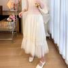 Qooth Women A-line Nail Beads Tulle Ruffle Skirt Wide Hem Mid Length Elastic Waist Casual Skirt QT2633