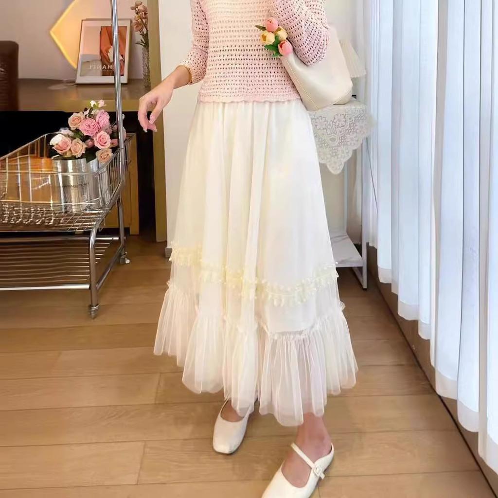 Qooth Women A-line Nail Beads Tulle Ruffle Skirt Wide Hem Mid Length Elastic Waist Casual Skirt QT2633