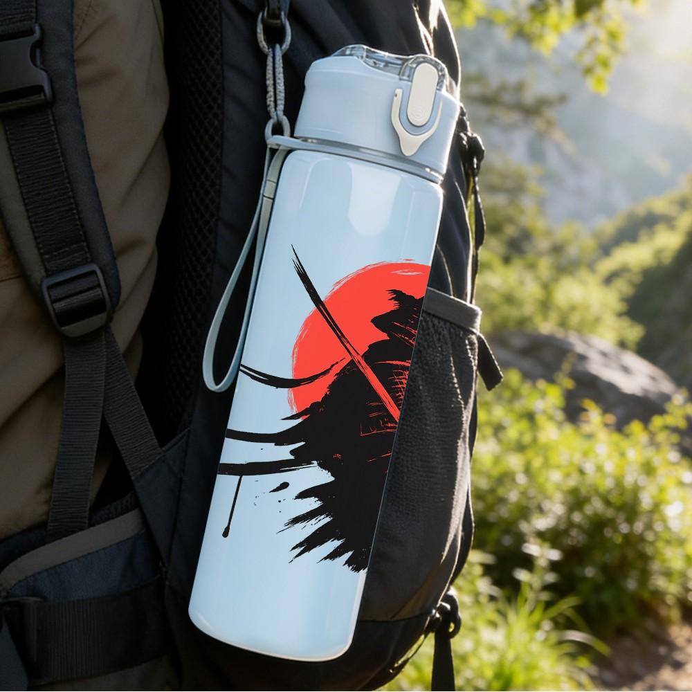 1PC Samurai Red Sun Silhouette 750ml Color Plastic Sports Water Bottle Leakproof Flip Straw Lid Suitable for Sports Office Home Use