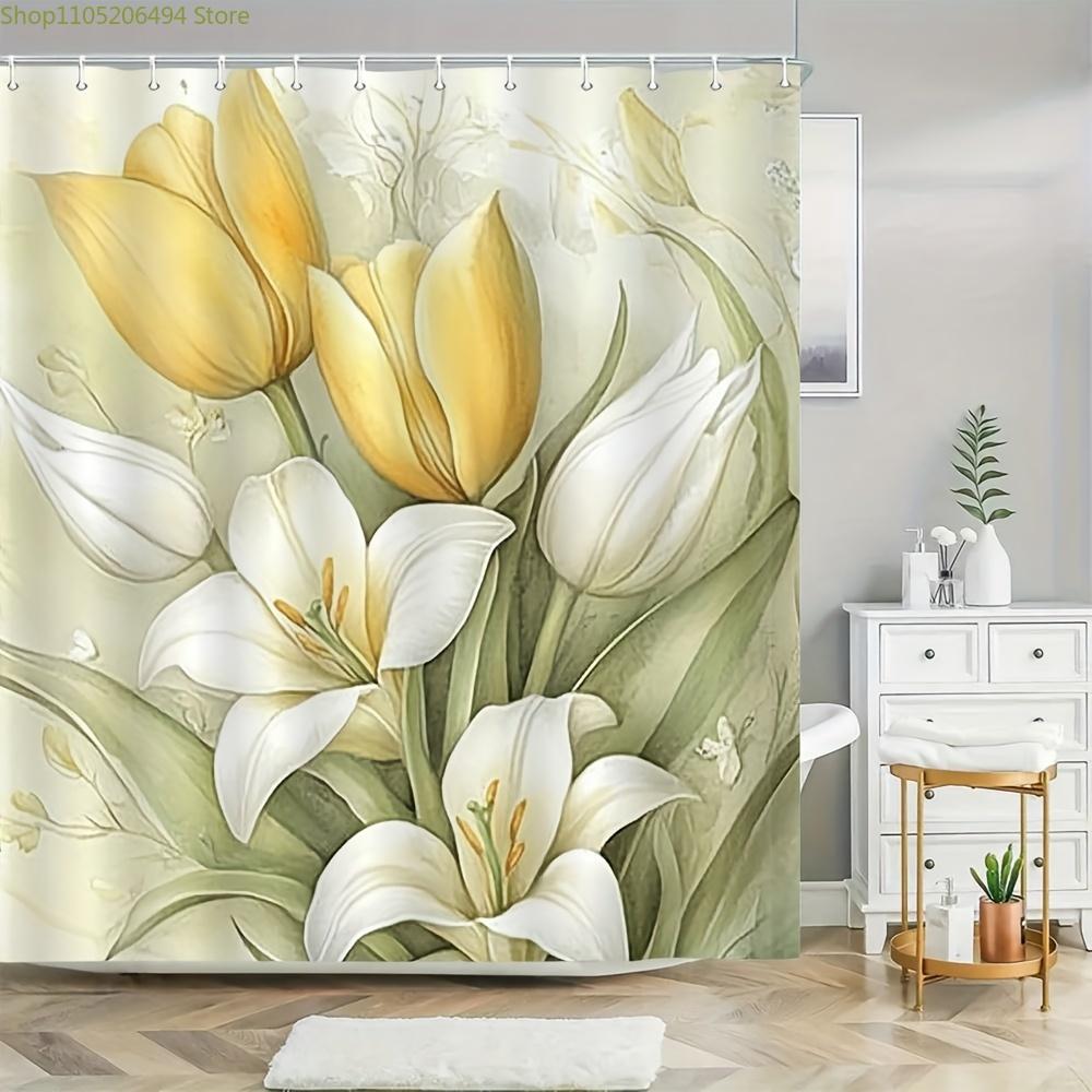 1pc Elegant Yellow Tulips & White Lilies Watercolor Shower Curtain - Super Soft Polyester, Machine Washable, Artistic Bathroom
