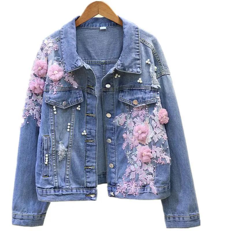 Women's Embroidered Flowers Long Sleeve Denim Jacket Plus Size