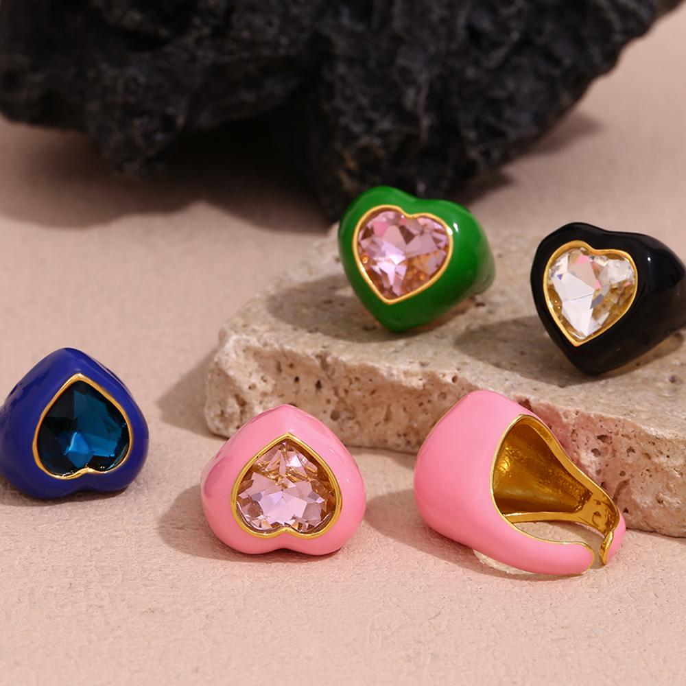 New Trendy Y2K Women's 18K Gold Plated Stainless Steel Ring Chunky Stackable Hearts Diamond Crystal Drip Oil Enamel Parties