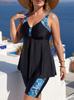 Plus Size Slimming Black Leaf Print Two-Piece Swim Skirt Tankini