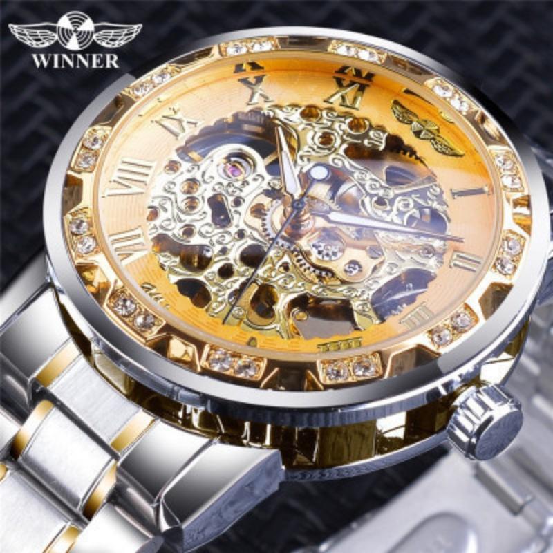 Winner One Winner Herren Mode Lässig Skelett Strass Manuell Mechanische Uhr für Herren Trendig