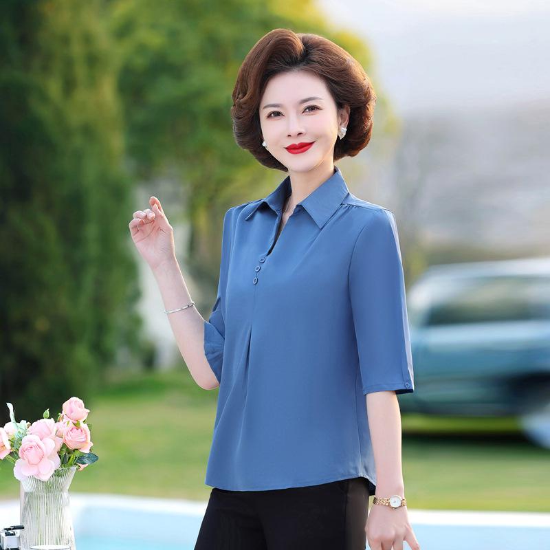Mom's Summer Chic Imitation Silk Mid-Sleeve Top for Women - Plus Size