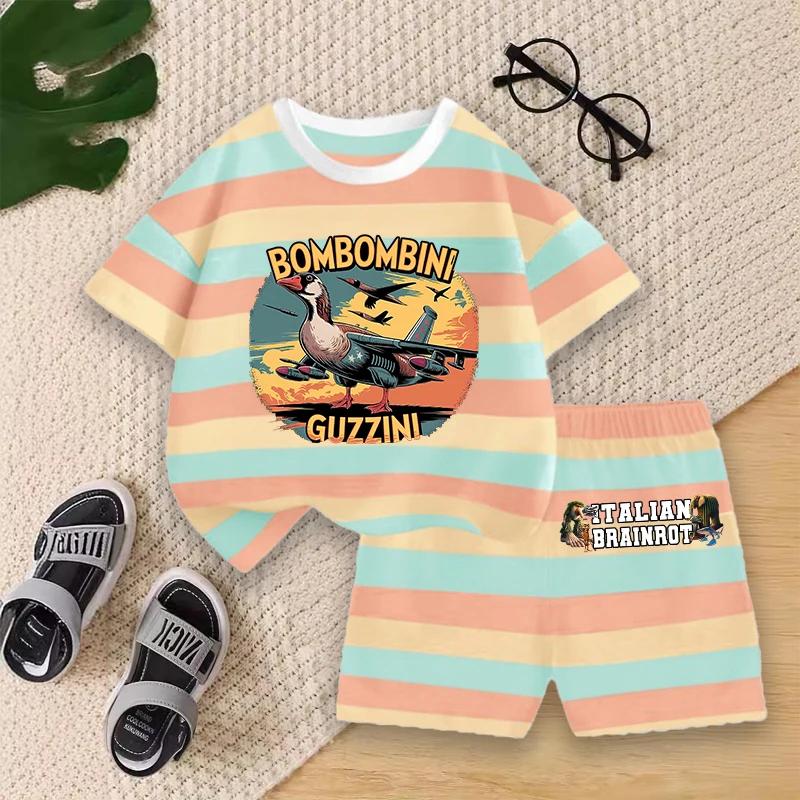 Boys Summer Striped Outfit Set Kids Cartoon Animal Print Short Sleeve T-shirt and Shorts for Play Outdoor