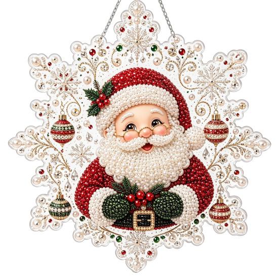 Handmade Christmas Tree Decor Faux Pearl Painting Suncatcher Kit, Acrylic Snowflake Shaped Board with Lace Relaxing Holiday Activity Edge, 3D Gemstone