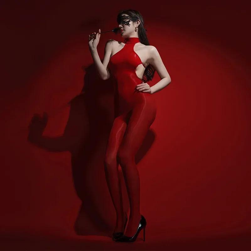 Sexy Women Backless Shiny Glossy Full Bodystockings Open/Closed Crotch Pantyhoses Transparent Jumpsuit Sex Game Sm Tights