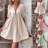 Casual Cotton Linen V-Neck Dress with Tie Detail and Short Sleeves