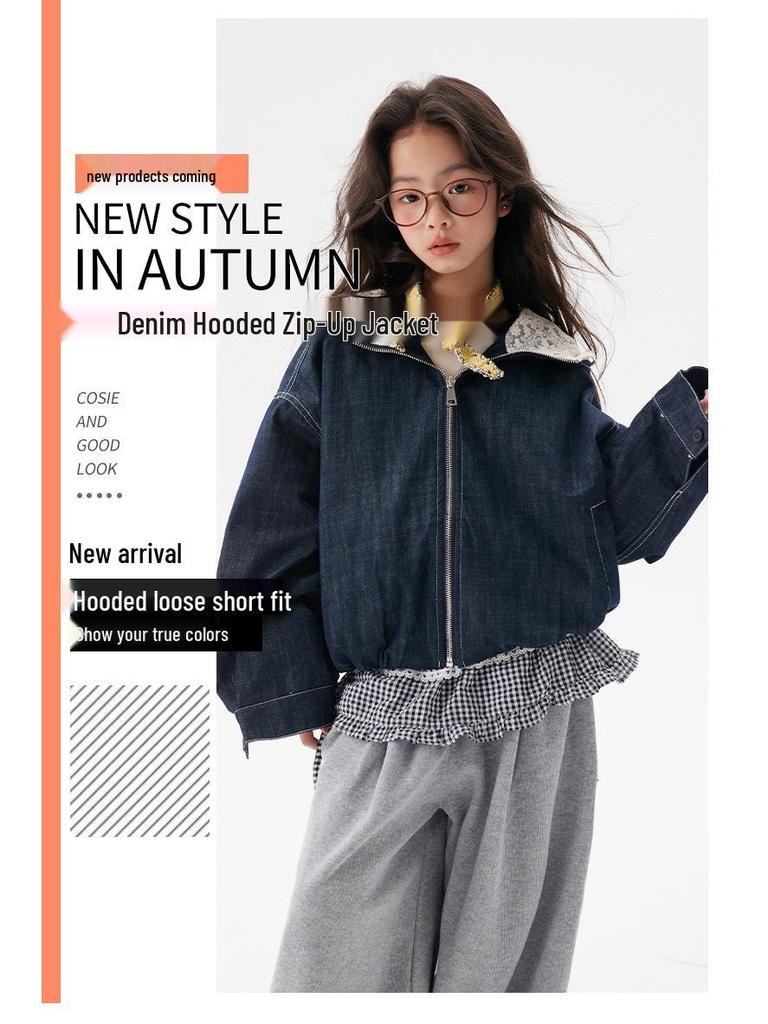 Korean Style Kids' Loose Denim Hooded Jacket - 2025 Autumn Collection