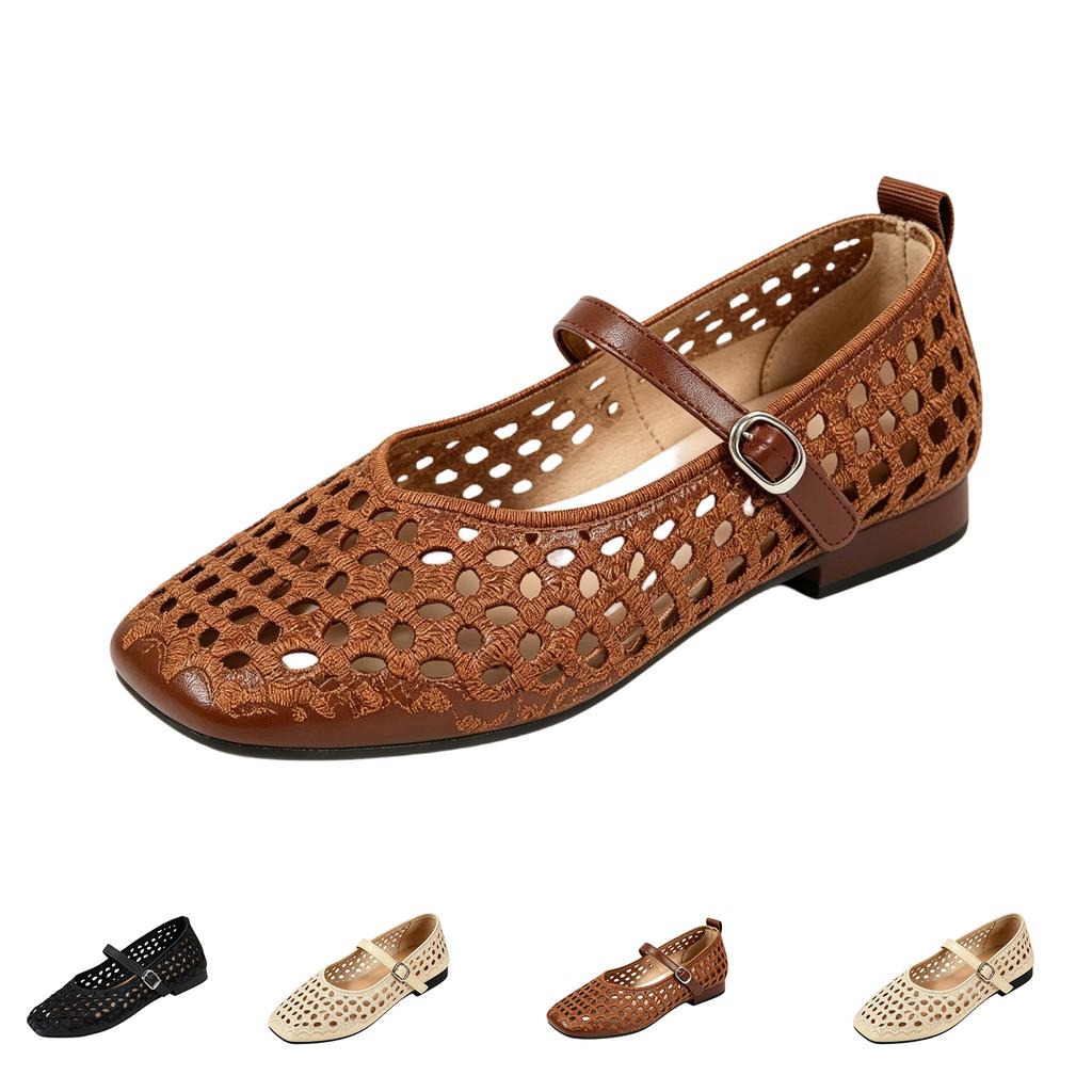 Women’s Hollow Mesh Mary Jane Flats with Adjustable Strap Square Toe Breathable Lightweight Slip On Shoes for Daily Wear