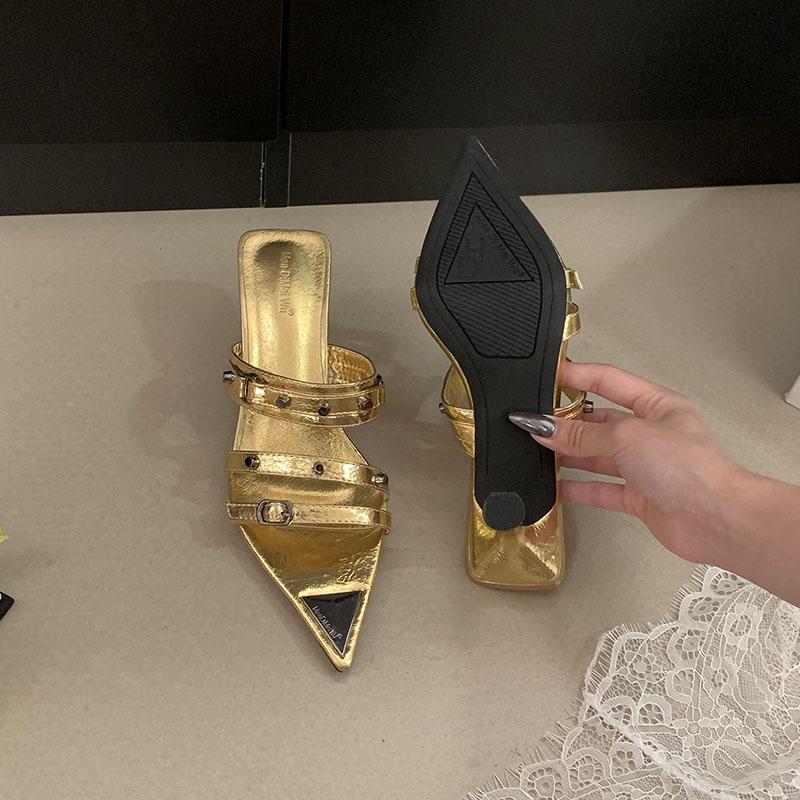 Fashion New 2025 Fashion Rivet Women Pumps Heels Shoes Female Slip On Footwear Pointed Toe Ladies High Heels Slides Sandals Shoes