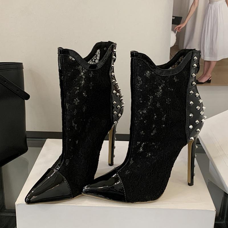 

Мода Liyke Весна Осень Молния Черные Сетчатые Ботильоны Женские Сексуальные Лакированная Кожа Острый Носок Клепки Шпилька Высокий Каблук Вечеринка Выпускной Обувь 37 чёрный