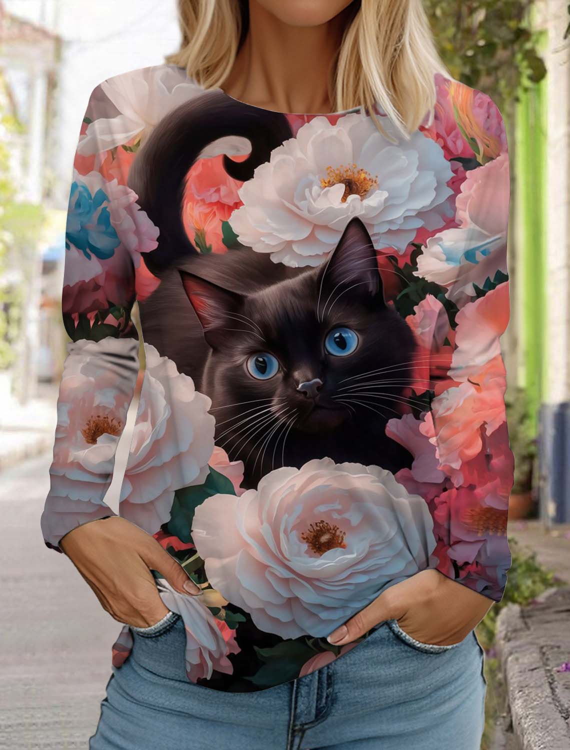 

Футболка с длинными рукавами для женщин с милым рождественским котом, осенняя одежда с изображением животных, праздничная подарочная одежда, модная футболка для вечеринки 8XL