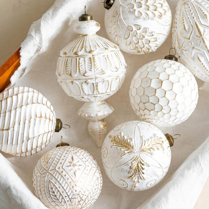 Antique Christmas Bauble Set In White with Aged Gold-Colored Trim, Angular Relief Motifs, and Hanging Rings for Holiday Tree, Mantels Displays