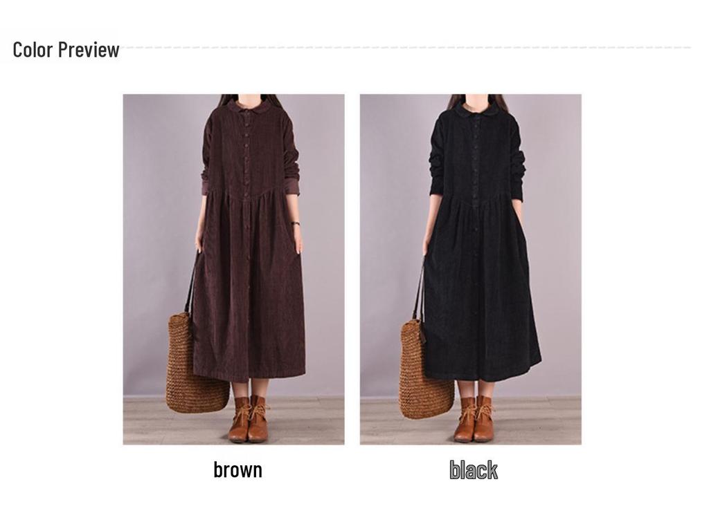 2025 Wiosna/Jesień Retro Sztruksowa Luźna Sukienka z Długim Rękawem w Jednolitym Kolorze