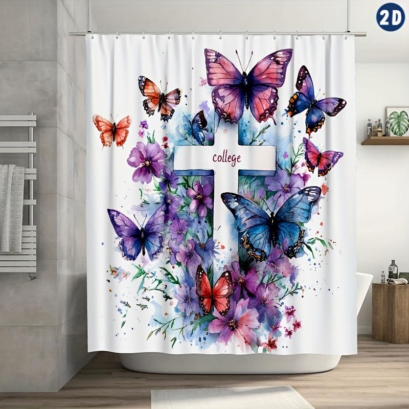 

Elegant Watercolor Butterfly & Floral Shower Curtain, White Cross Design, Durable Polyester, Machine Washable, Vibrant Print W90xH180cm