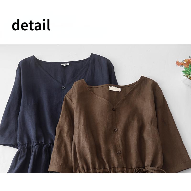 Vintage Solid Long Dress for Women V-neck Short Sleeve Elastic Tie Waist Dress Summer Casual Fashion Button Down Ruched Dress Breathable Work Dress