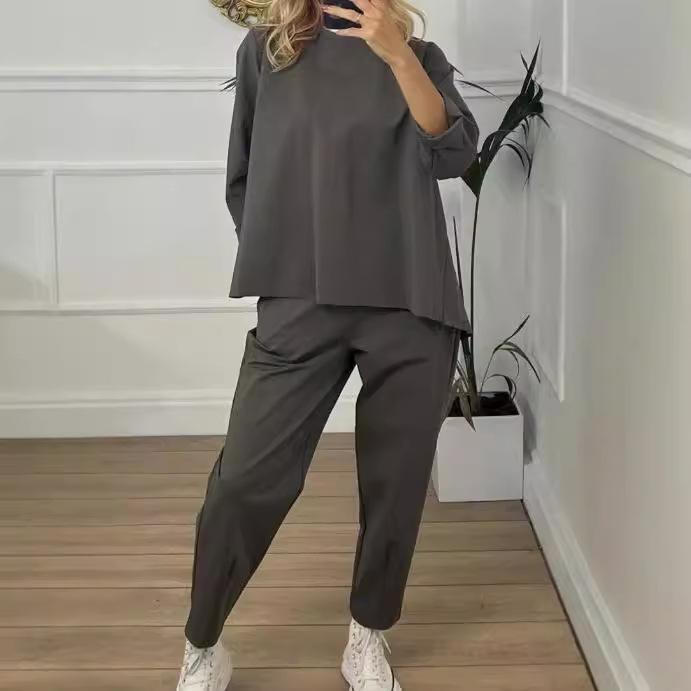 

2 шт./компл. Женский комплект толстовки и брюк. Толстовка с круглым вырезом и длинными рукавами. Брюки с эластичной талией и широкими штанинами. Осенний спортивный костюм M темно серый